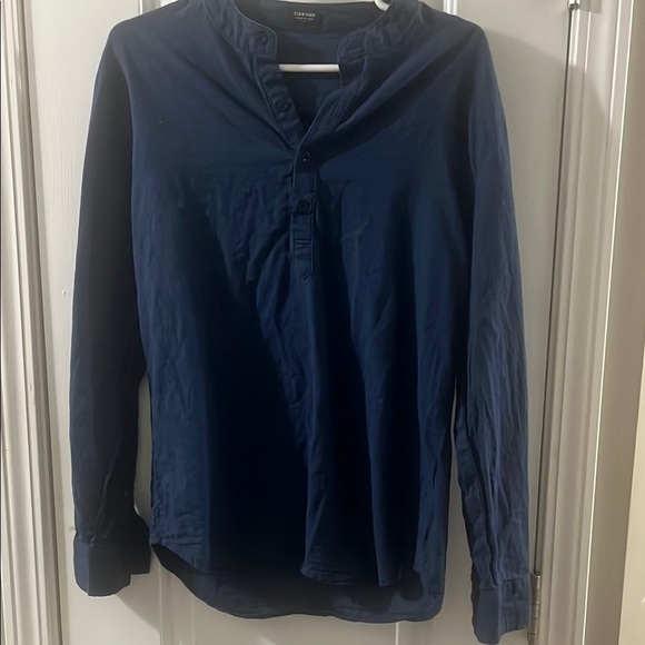 Deep Navy Blue Casual Button Down Shirt with Long Sleeves and V-Neck - Picture 1 of 4